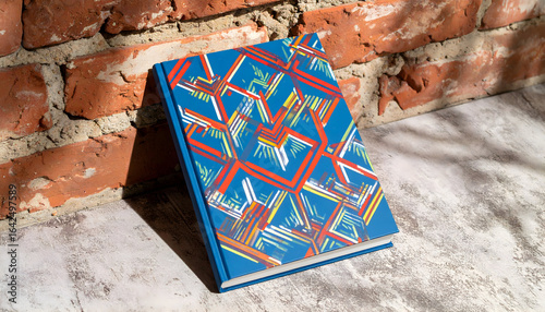 Vibrant Patterned Notebook Resting Against a Rustic Brick Wall with Geometric Designs