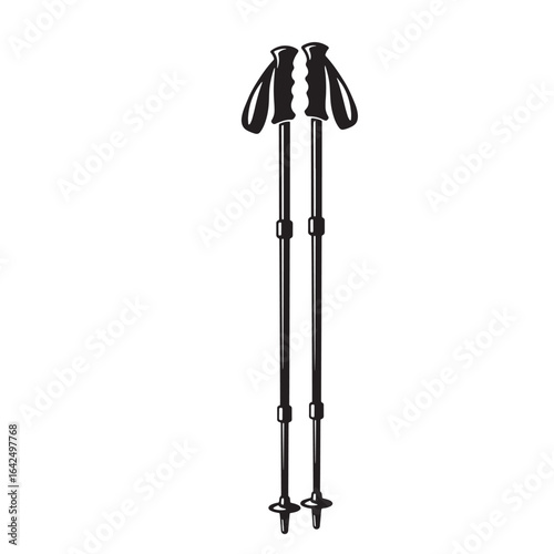 Black and white illustration of hiking poles for outdoor activities and trekking