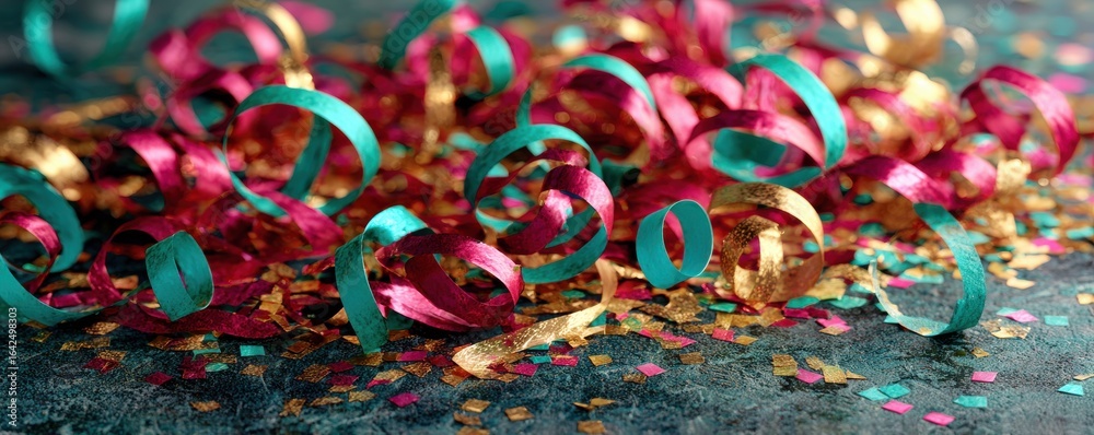 Fototapeta premium Vibrant Turquoise Pink and Gold Confetti and Curly Ribbons on Textured Background