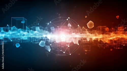 Abstract digital network with glowing cubes and sphere