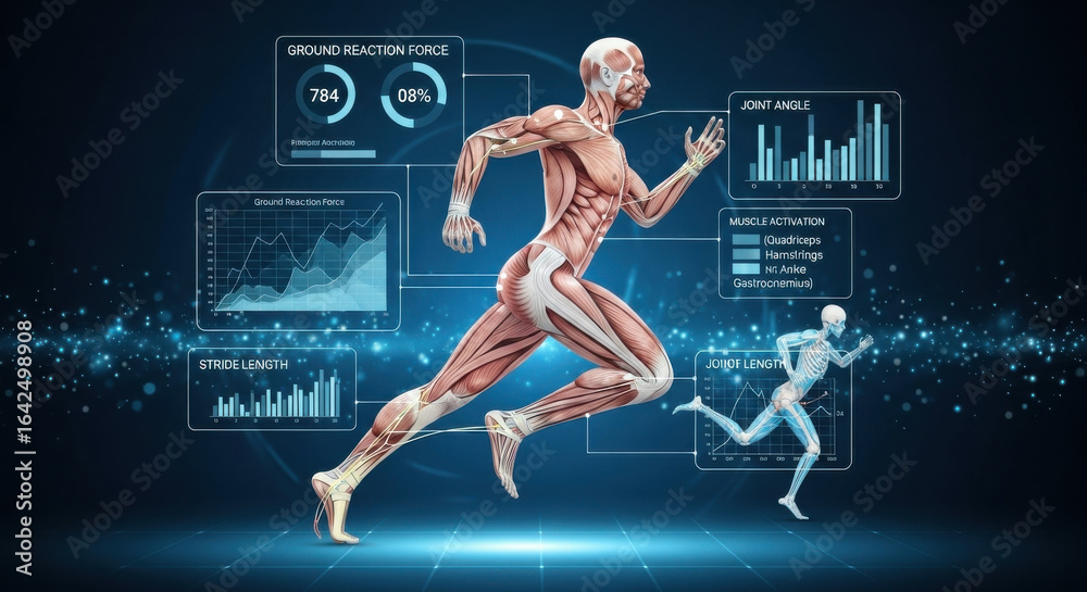 custom made wallpaper toronto digitalMuscle skeleton running data analysis technology science anatomy biomechanics digital Human muscle and skeleton running with digital data analysis showing biomechanics stride length joint angle