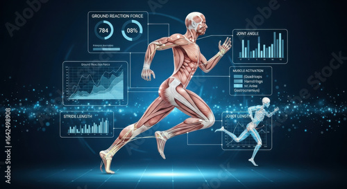 Muscle skeleton running data analysis technology science anatomy biomechanics digital Human muscle and skeleton running with digital data analysis showing biomechanics stride length joint angle