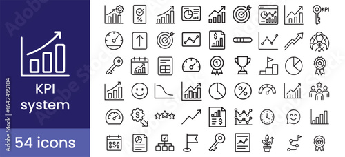 KPI vector icon set for performance and growth, with metric, goal, and indicator symbols for a business report.

