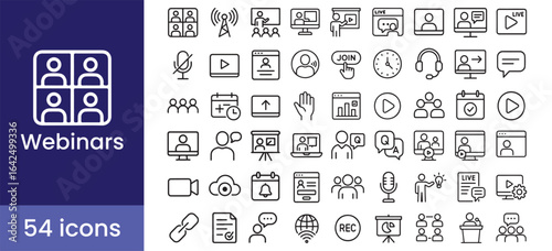 Webinar and online meeting icon set for live video conference, stream, presentation, communication, and education

