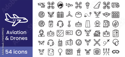 Aviation and drone icon set showing airplane and flight technology, with pilot, airport, navigation, and control symbols.

