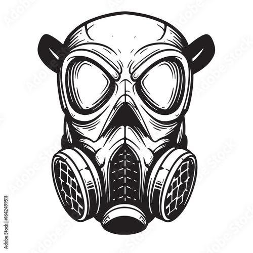 Detailed black and white illustration of a gas mask in a vintage engraved style