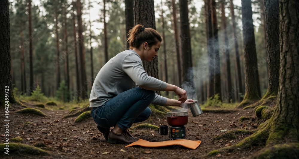 Obraz premium Camper boiling coffee on camp stove in misty pine forest