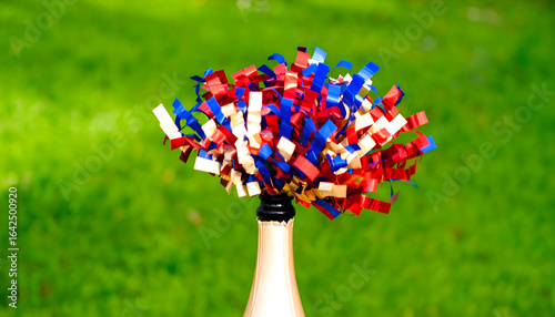 Celebratory Bottle Displaying Colorful Confetti Pom-Poms on a Bright Green Lawn
