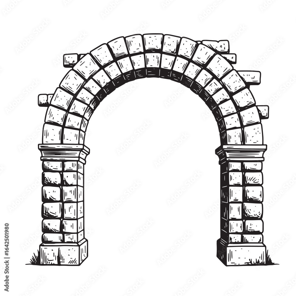 Fototapeta premium Hand drawn illustration of an ancient stone arch architectural design in black and white