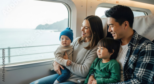 Happy Asian family traveling by train, mother holding baby, father and young child sitting together, enjoying scenic ocean view through window, relaxed and joyful atmosphere