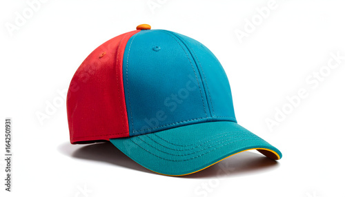 Colorful Baseball Cap with Blue and Red Panels and Yellow Stitching on a Clean Background