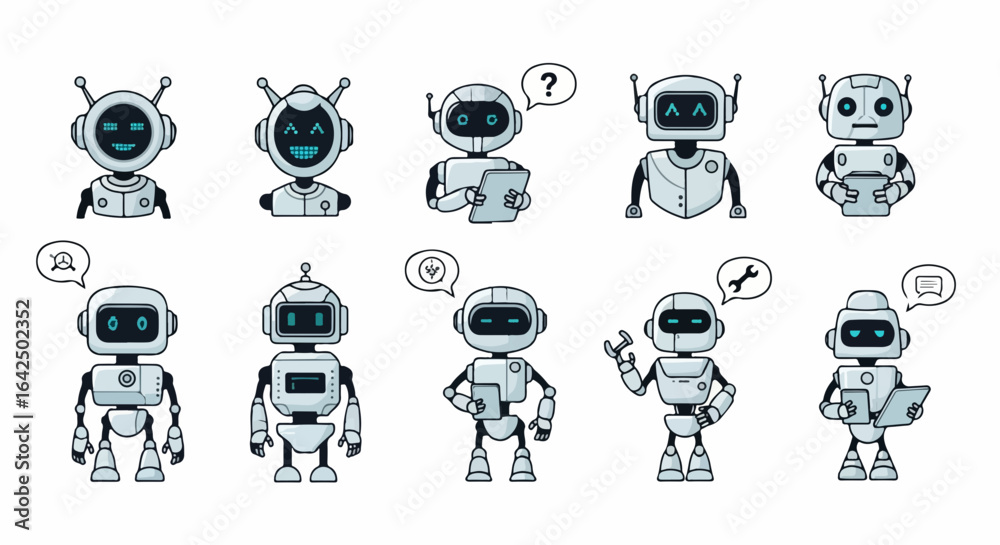 Obraz premium Modern robots showcase diverse emotions and actions ideal for technology and AI concepts