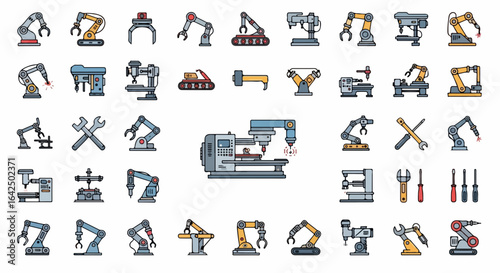 Collection of industrial robot arms and machinery, perfect for factory automation and manufacturing concepts.