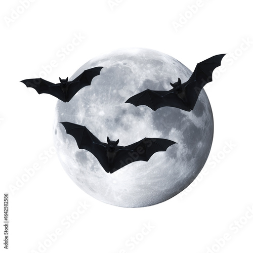Black bats flying in front of a bright full moon isolated on transparent background symbolizing spooky halloween night. 