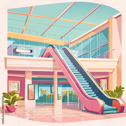 Modern shopping mall escalators flat vector illustration
4