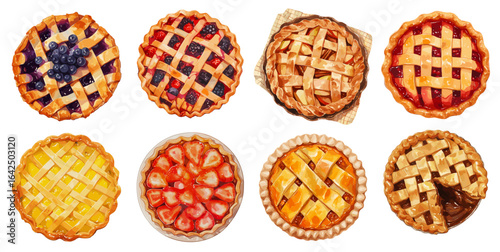 Watercolor pies top view set. Apple, berry, lemon, pumpkin, chocolate, strawberry cakes. Thanksgiving pastry dish vector illustration