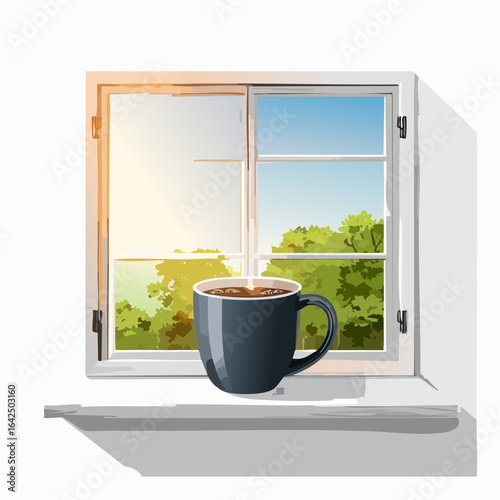 Open window on white background. Open window overlooking the beautiful spring landscape: meadows, mountains, trees. On the windowsill is worth mug. Flat style vector illustration.3