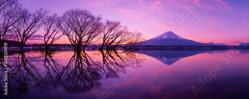Reflections of barren trees and majestic mountain on serene lake under violet sky at dusk