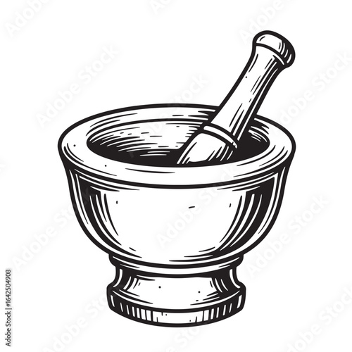 Vintage style hand drawn illustration of a mortar and pestle for cooking and ingredients
