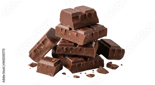 A pile of broken dark chocolate bar pieces, isolated on transparent background, representing a delicious sweet treat and indulgence
