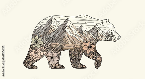 Stylized Bear Silhouette Illustration with Mountains and Floral Motifs on a Light Background
