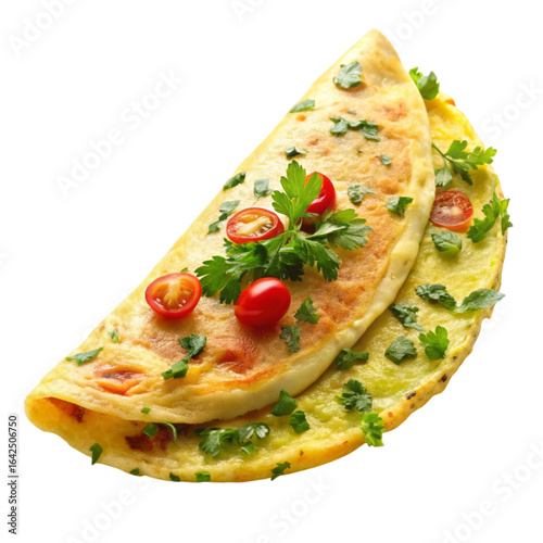 Delicious omelette with cherry tomatoes and parsley on a black background