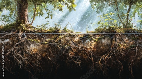 Intricate tree roots in forest setting