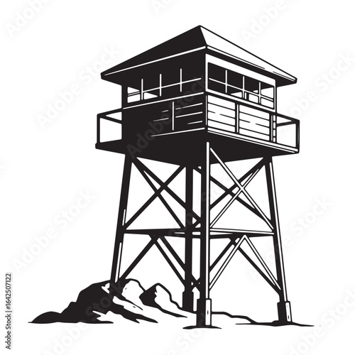 Black and white illustration of a fire lookout tower in a mountainous forest setting
