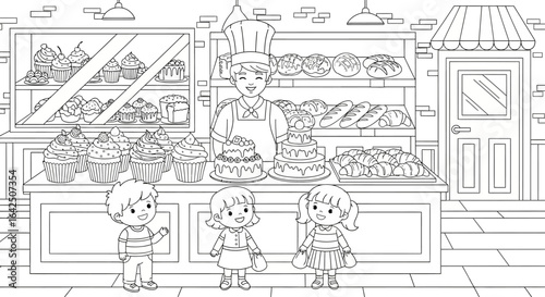Happy Children and Baker in a Sweet Bakery Shop Looking at Delicious Pastries
