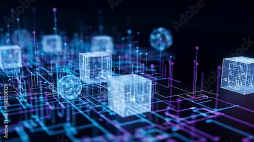 Transparent cubes connected by glowing circuits on a dark background