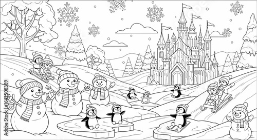 Happy Children and Animals Playing in a Winter Wonderland with Castle, Black and White Coloring Page for Kids