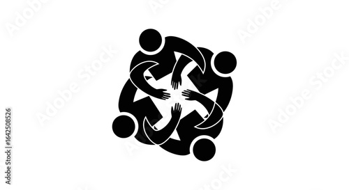 Four Abstract People Holding Hands in a Circle Depicting Teamwork and Unity on Isolated White Background