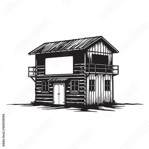 Detailed black and white illustration of a rustic cabin with balcony and balustrade