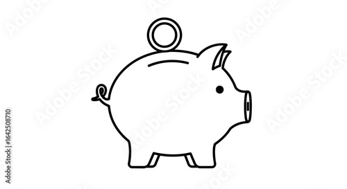 Outline of a Piggy Bank with a Coin Falling In on an Isolated White Background
