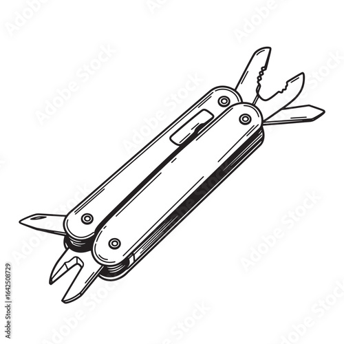 Detailed black and white illustration of a versatile pocket multi-tool on a white background