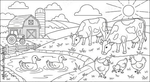 Coloring page of a lively farm scene with cows, chickens, ducks, barn, and tractor