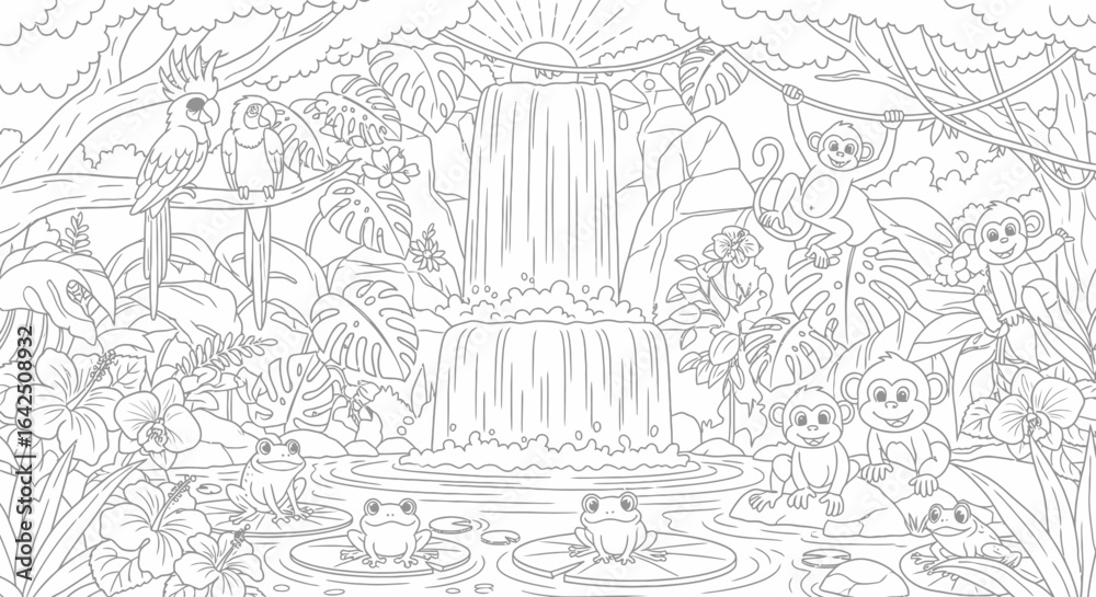 Fototapeta premium Coloring page of playful monkeys and frogs in a lush jungle with waterfall