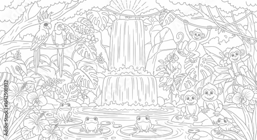Coloring page of playful monkeys and frogs in a lush jungle with waterfall