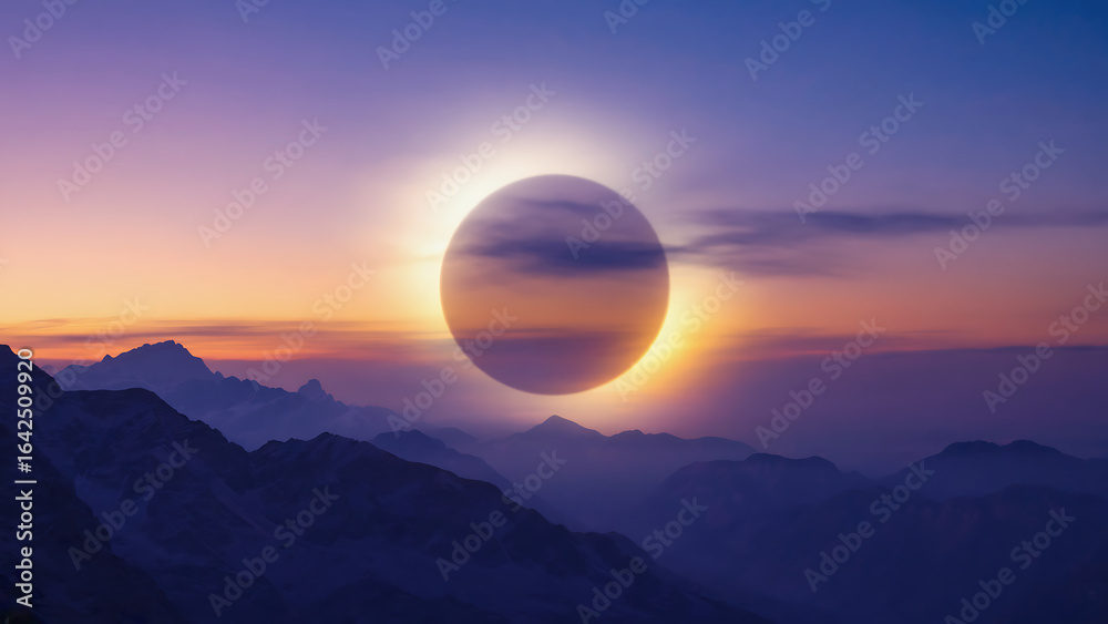 Fototapeta premium Surreal Solar Eclipse over Mountains During Sunset with Vibrant Sky