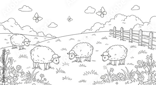 Peaceful Sheep Grazing in a Green Pasture with Butterflies and a Wooden Fence, Outline Coloring Page