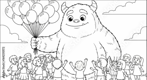 Friendly Monster Holding Balloons for Happy Children in an Outdoor Celebration Scene, Outline Coloring Page