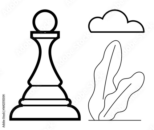 Black outline chess pawn near cloud and two leaves represents strategy, decision-making, leadership, growth, nature, sustainability, and minimalism. Ideal for education, business mindfulness career