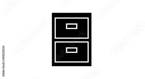 Classic filing cabinet with two drawers, black and white office furniture icon.