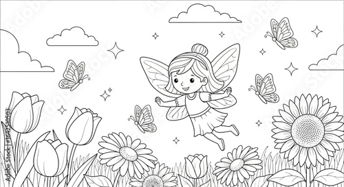 Cute fairy girl flying among flowers and butterflies in a fantasy garden, black and white outline coloring page.