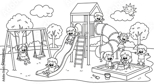 Cheerful Children Playing Actively in Outdoor Playground on Sunny Day