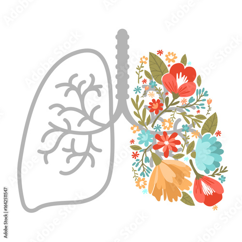 Creative anatomical illustration of lungs with floral elements. Symbolic artwork representing health, healing, breathing, and harmony between nature and body