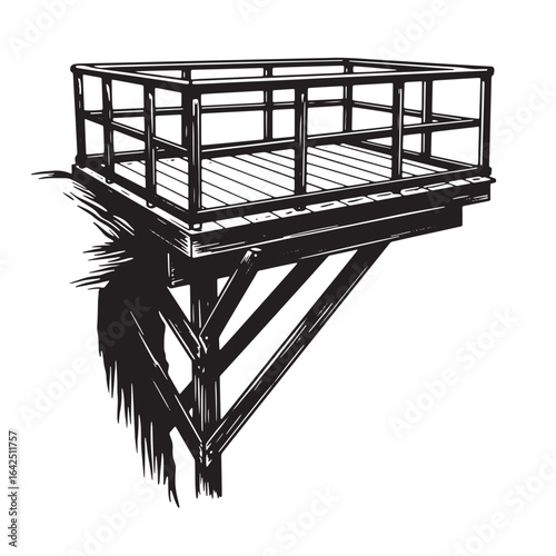 Hand drawn illustration of an observation deck built with wood and metal construction