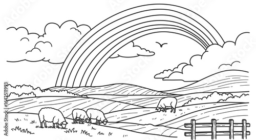 Peaceful countryside landscape with grazing sheep and a beautiful rainbow in the sky for coloring book, in bright studio.