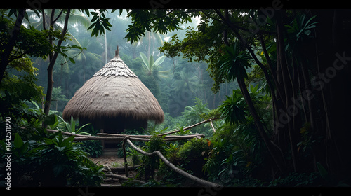 A lone thatched hut in a dense jungle, believed to be a sacred site for indigenous peoples