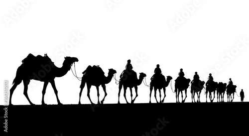 Desert caravan of camels and people walking in silhouette, isolated white background.